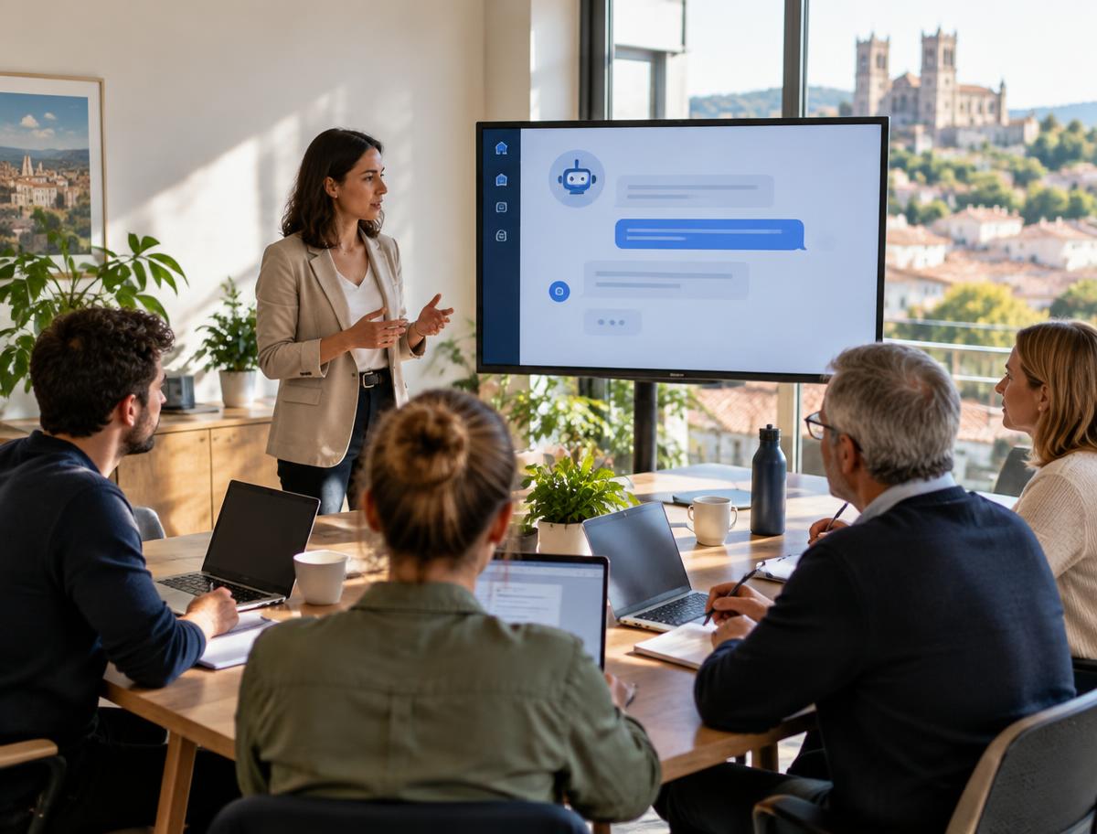 Formation ChatGPT en petit groupe à Tarbes, une formatrice présente un assistant IA à des professionnels