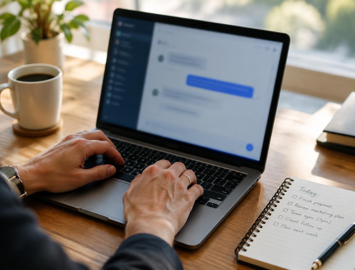 Un professionnel rédige une consigne dans ChatGPT sur son ordinateur, avec sa liste de tâches à côté