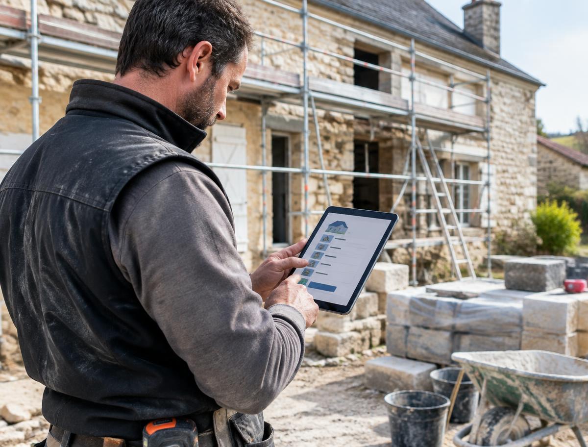Un artisan consulte un devis sur tablette devant une maison en rénovation