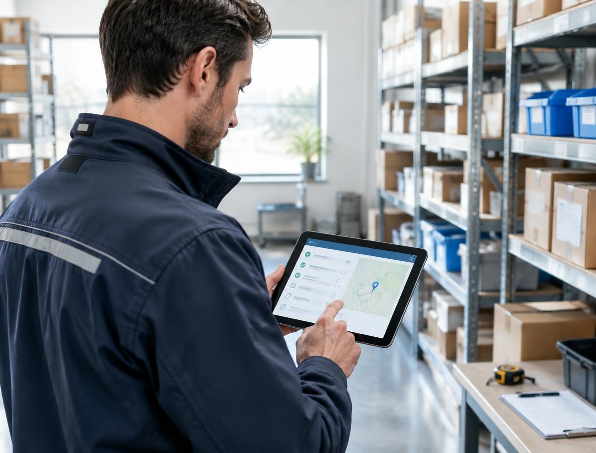 Un technicien utilise sur tablette une application métier sur mesure dans un entrepôt
